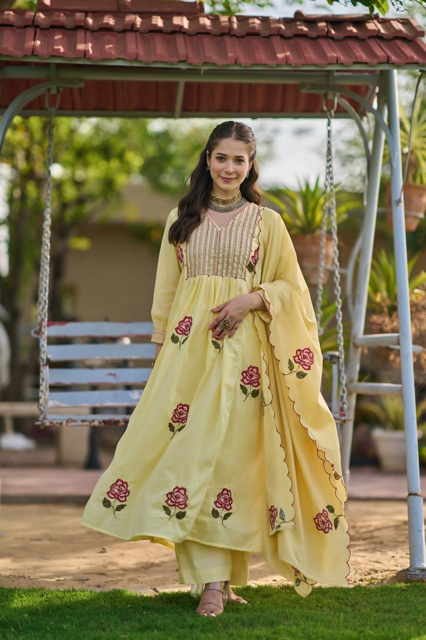 Soft Yellow Floral Embroidered Anarkali Set with Scalloped Dupatta