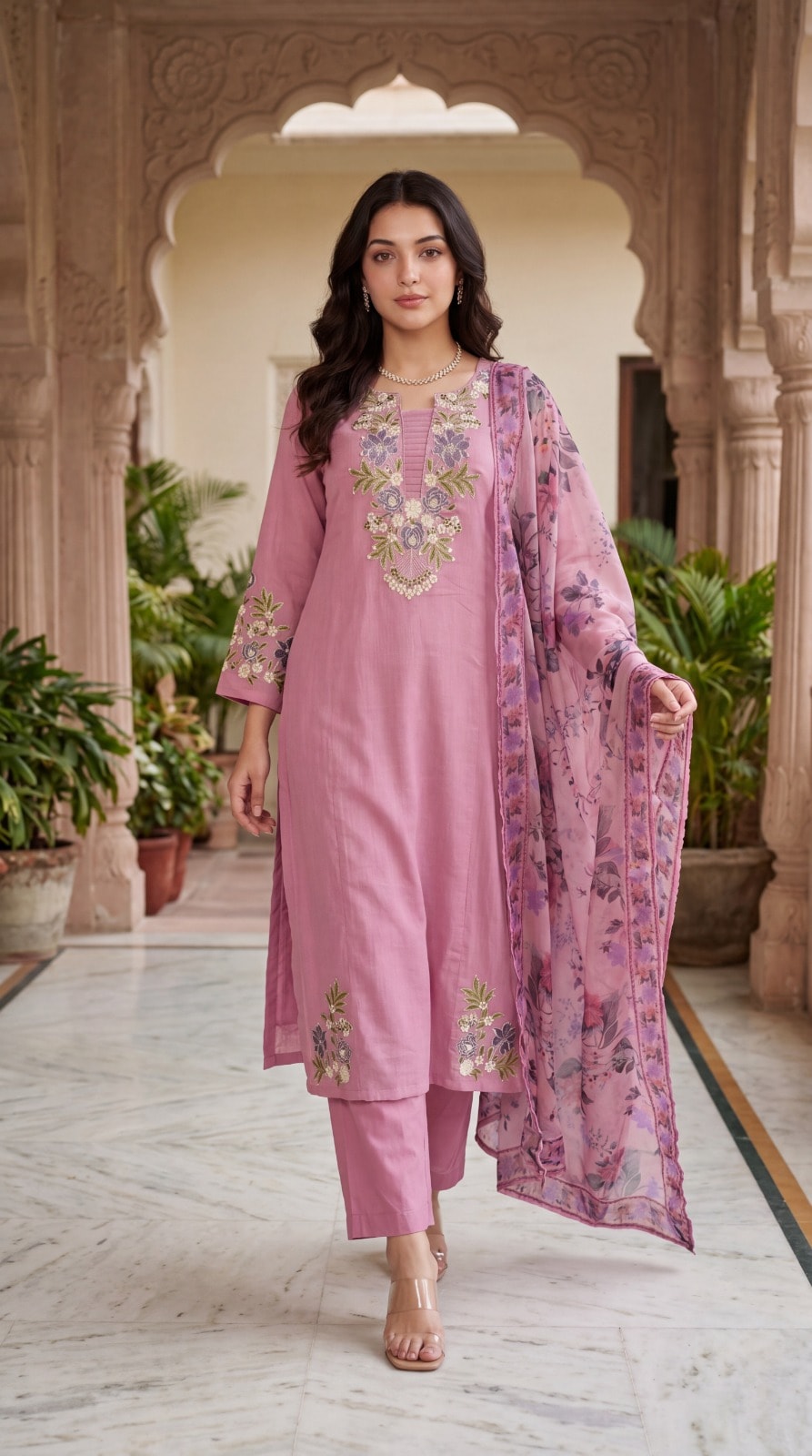 Blush Pink Hand-Embroidered Kurta Set with Floral Dupatta