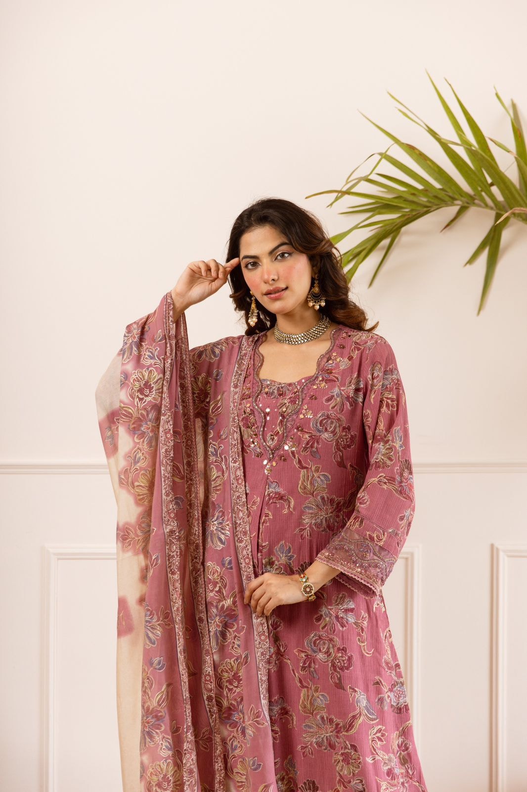 Mauve Floral Print Anarkali Suit Set with Embroidered Neckline