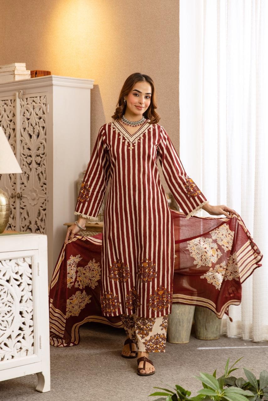 Maroon & Off-White Striped Cotton Kurta Set with Printed Dupatta