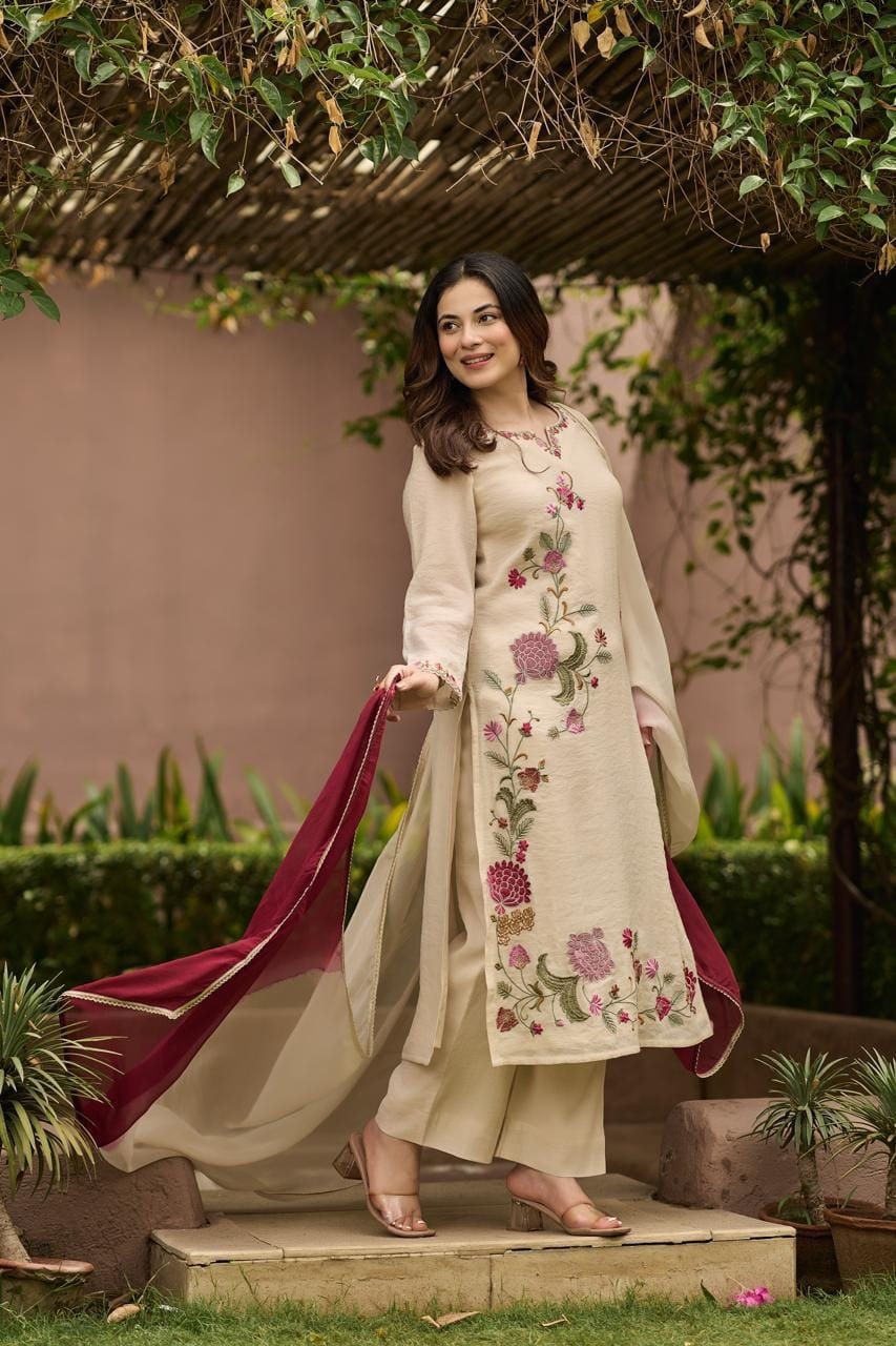 Elegant Cream Floral Embroidered Kurta Set with Maroon Dupatta