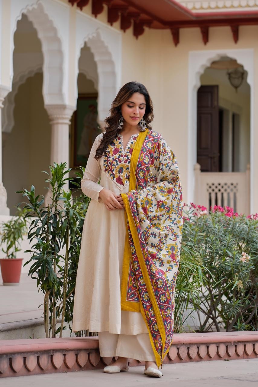 Elegant Ivory Embroidered Kurta Set with Multicolour Printed Dupatta