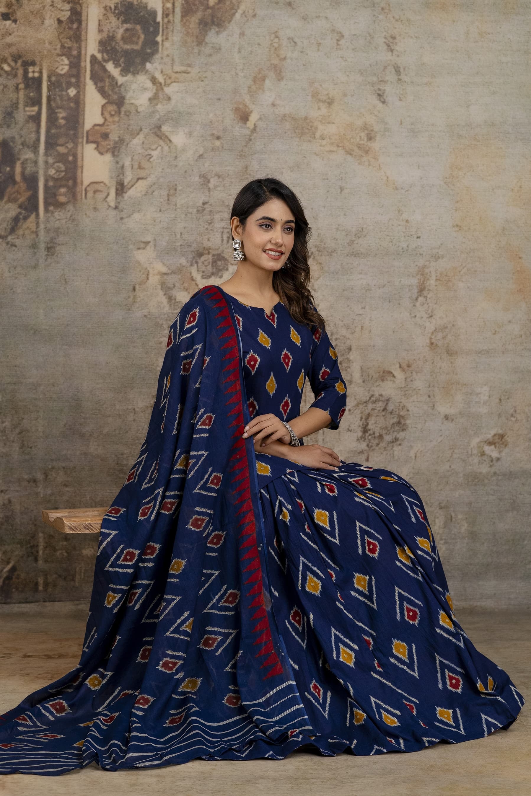 Navy Blue Printed Flared Kurta Set