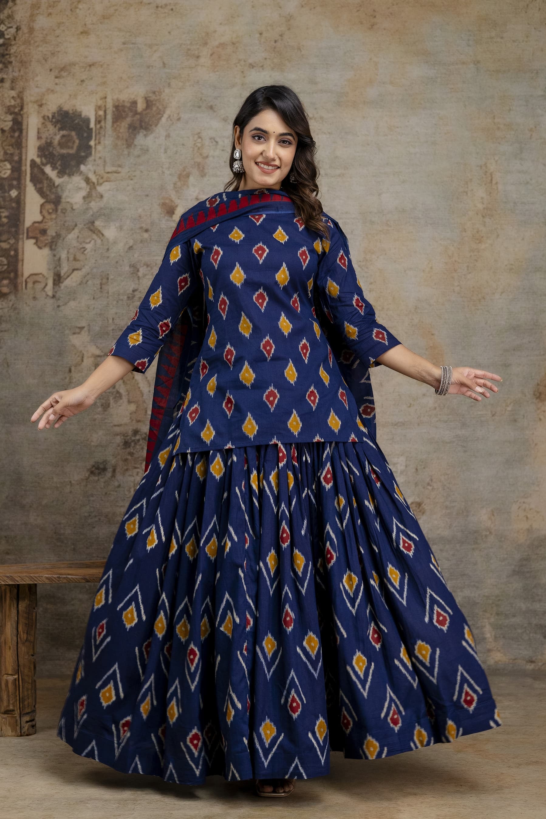 Navy Blue Printed Flared Kurta Set - alternate view