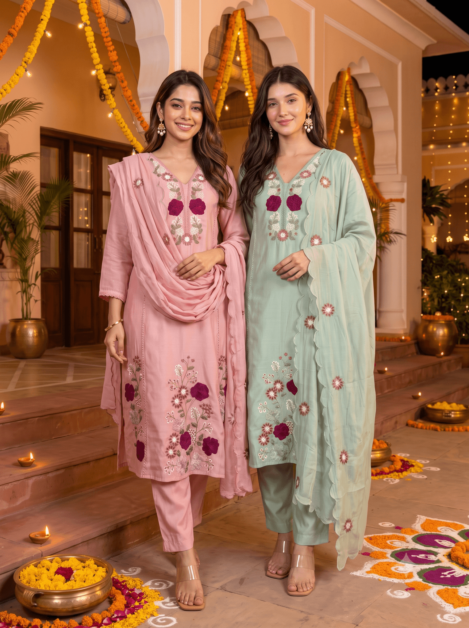 Hand-Embroidered Mul Chanderi Silk Kurta Set with Scalloped Dupatta