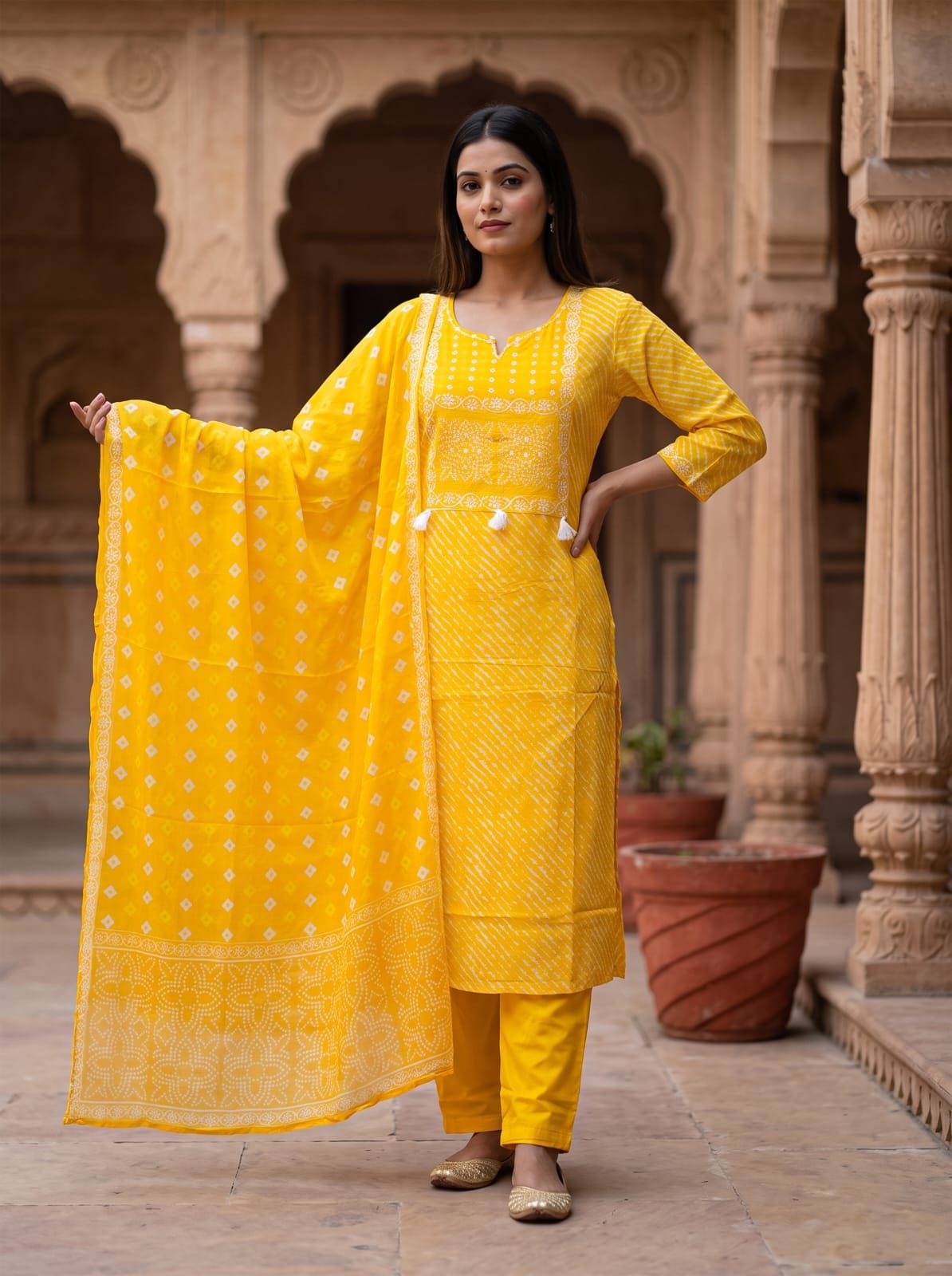 Cotton Leheriya Bandhani Suit Set