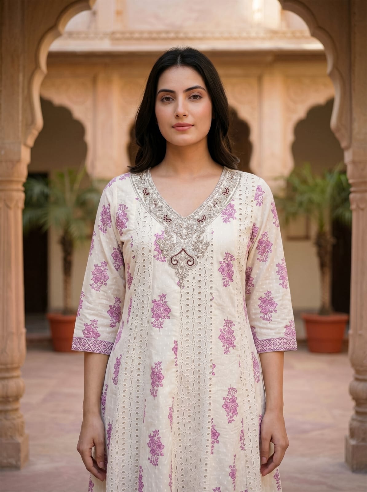 Sanganeri Noor - White Base Premium Cotton Anarkali Set - alternate view