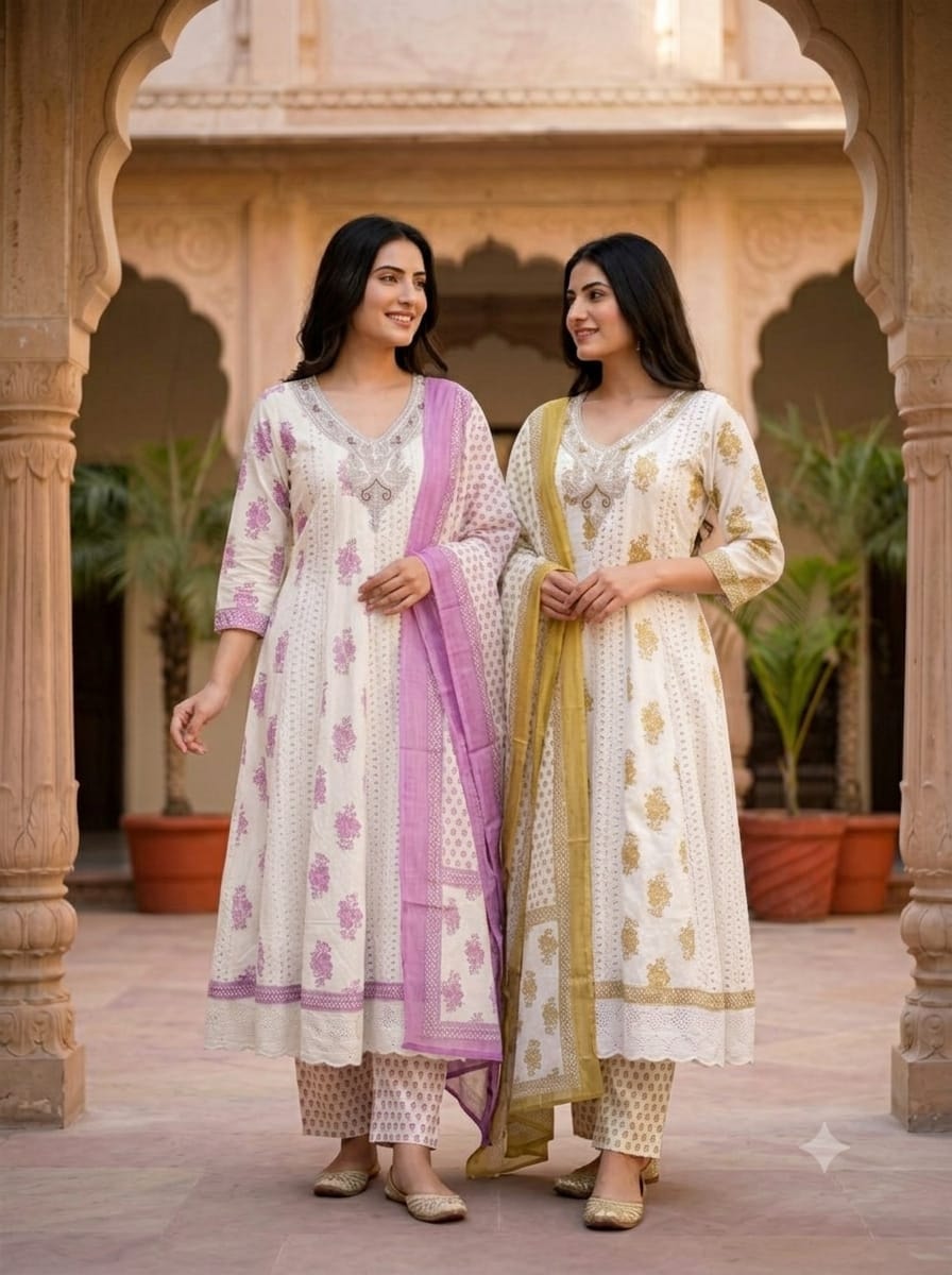 Sanganeri Noor - White Base Premium Cotton Anarkali Set