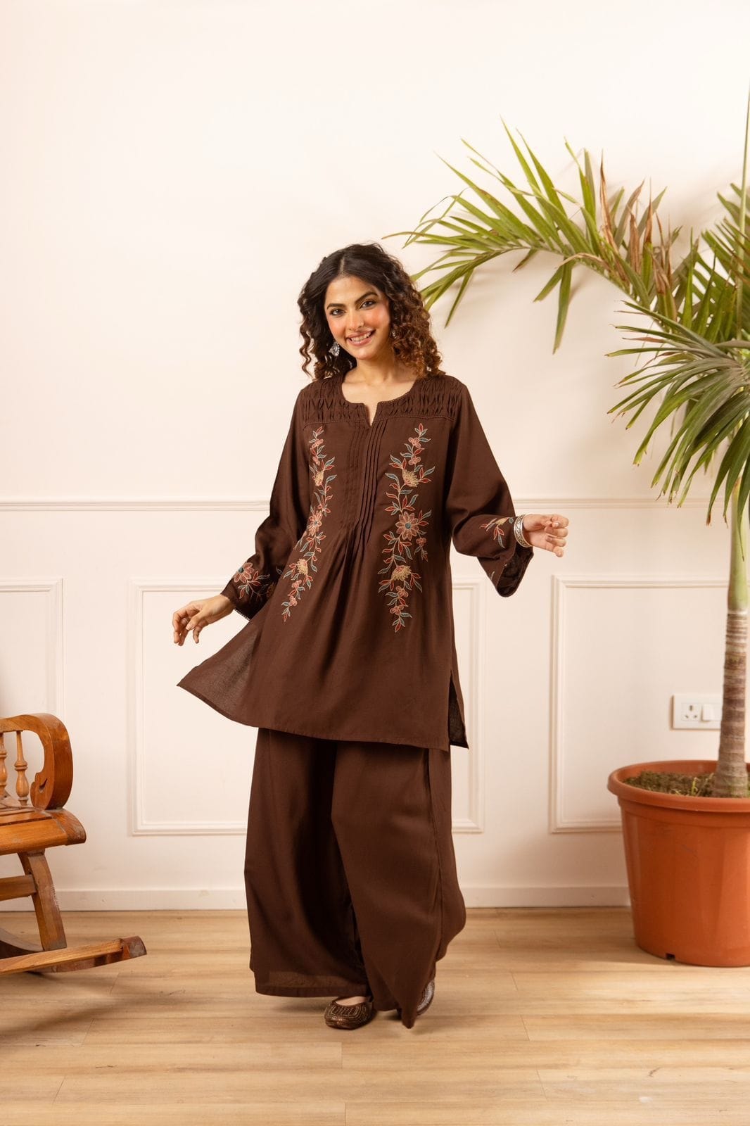 Chocolate Brown Embroidered German Rayon Co-ord Set - alternate view