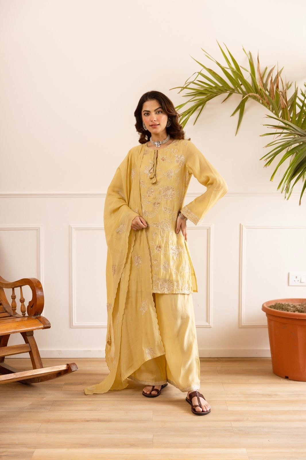 Celeste Bloom Mul Chanderi Embroidered Kurta Palazzo Set