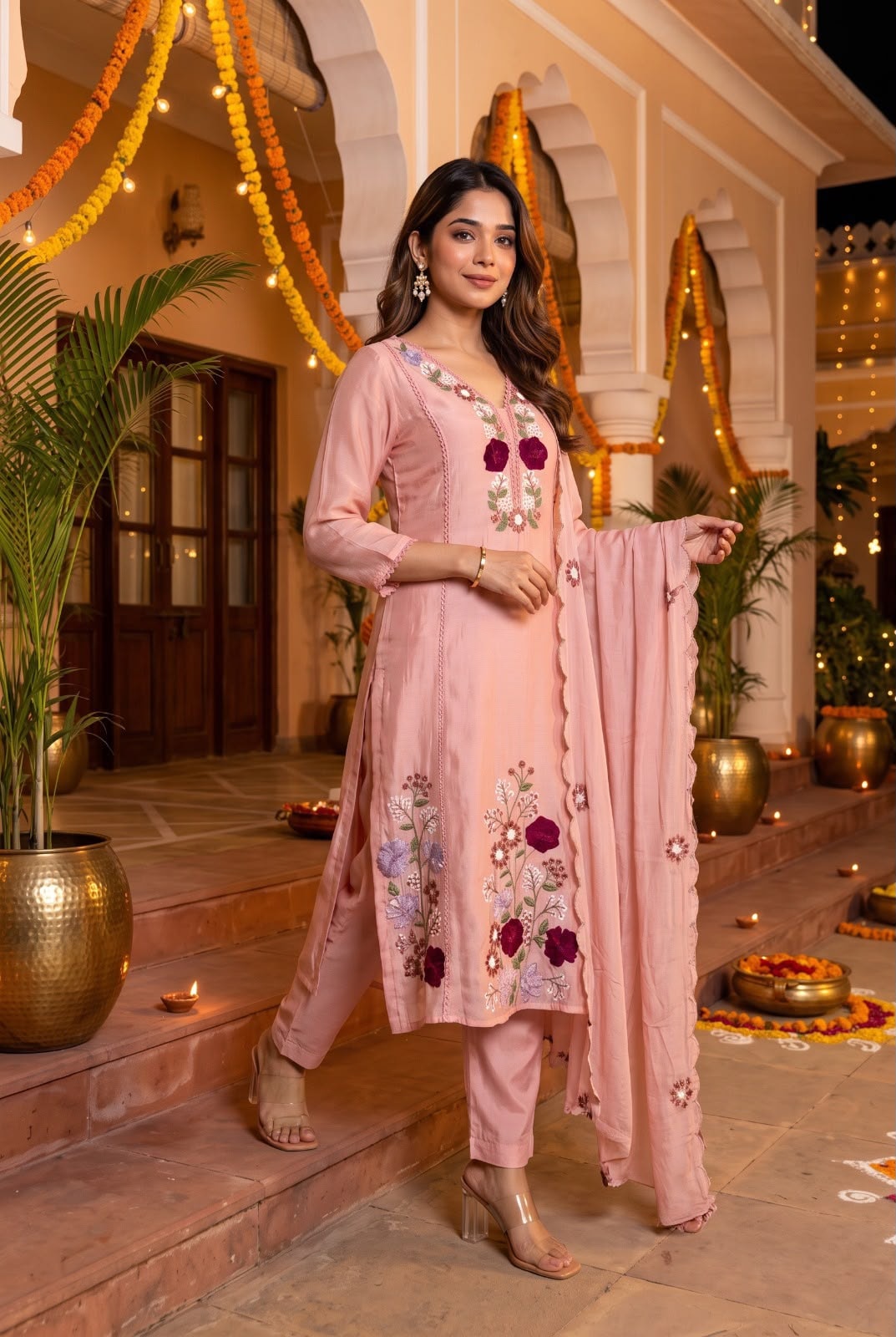 Hand-Embroidered Mul Chanderi Silk Kurta Set with Scalloped Dupatta - alternate view