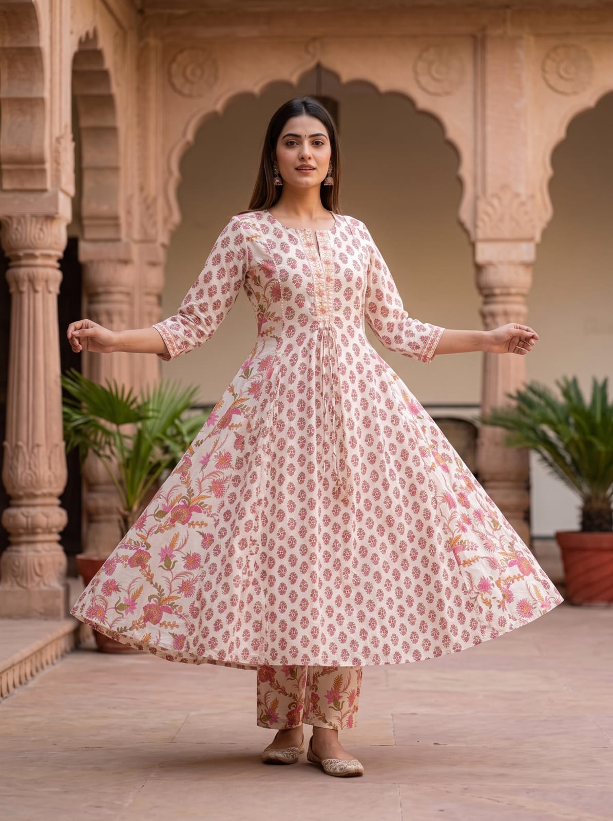 Bagh-E-Jaipur - White Base Kali Cut Cotton Set _(Anarkali nahi, Premium A-Line plus Flair)