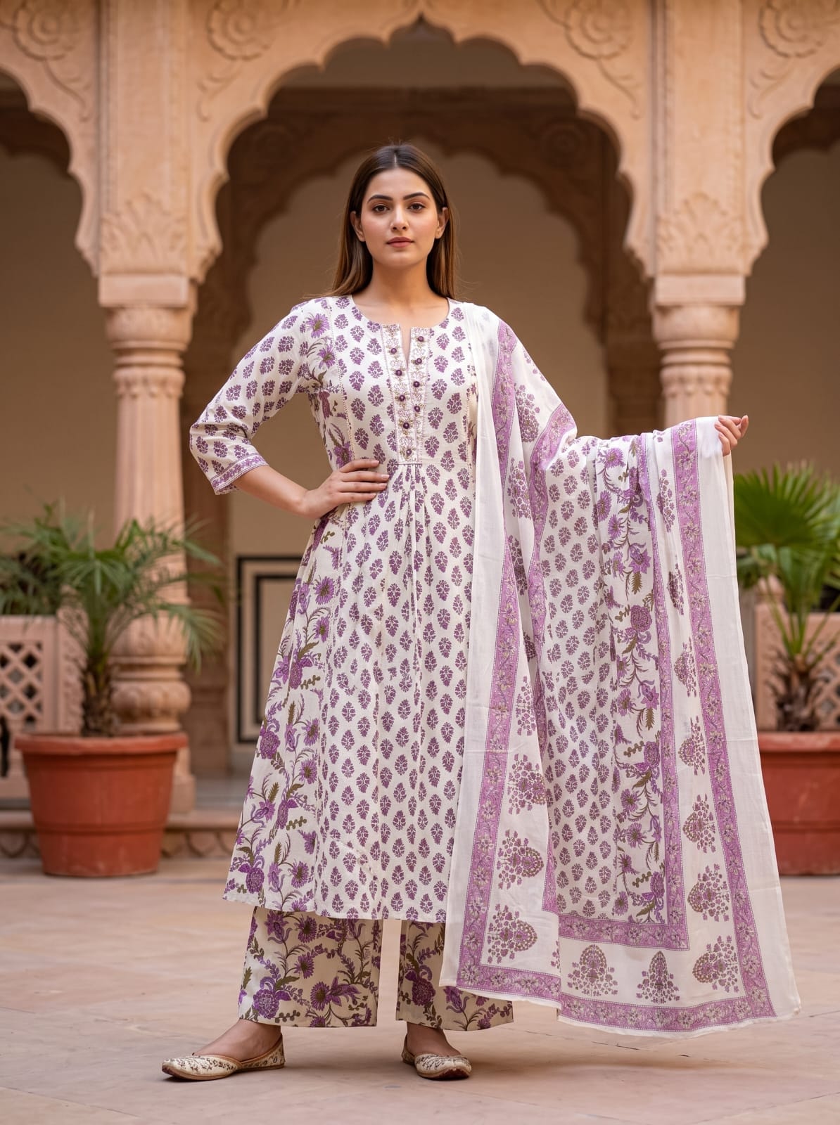 Bagh-E-Jaipur - White Base Kali Cut Cotton Set _(Anarkali nahi, Premium A-Line plus Flair) - alternate view