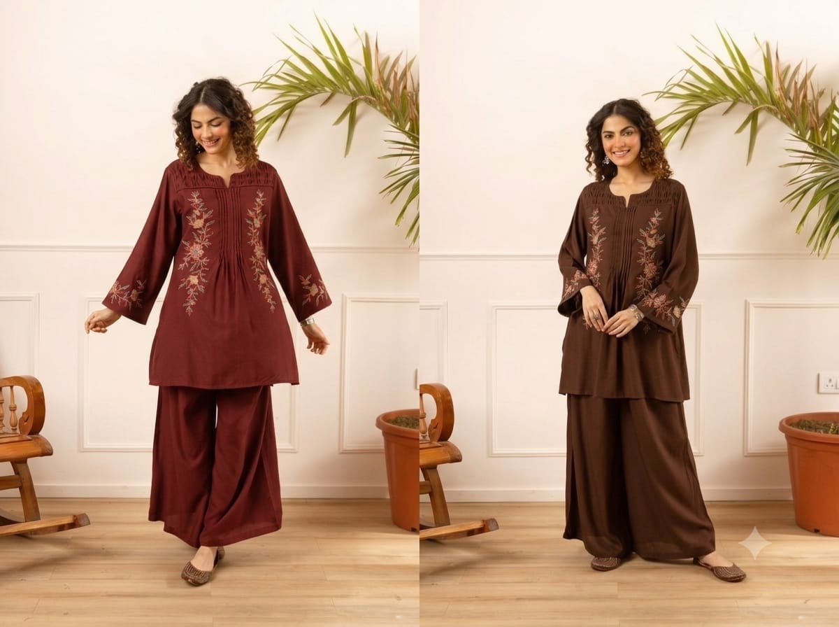 Chocolate Brown Embroidered German Rayon Co-ord Set